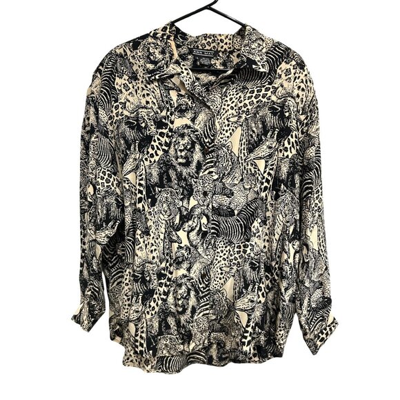 Ann May Animal Print Long Sleeve Button-Up Blouse Silk Black Beige Sz Large - Picture 1 of 7